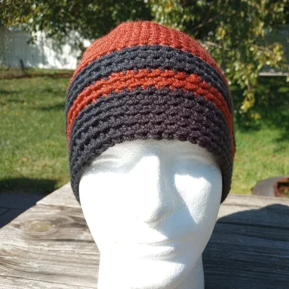 Men's Beanie Hat Handmade Rust Orange Gray Crochet Boating Hiking Outdoors Sz M - Picture 3 of 9